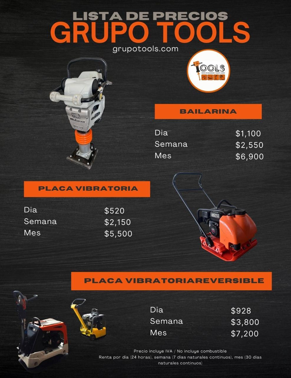 Precio de renta de maquinaria balarina, placa vibratoria